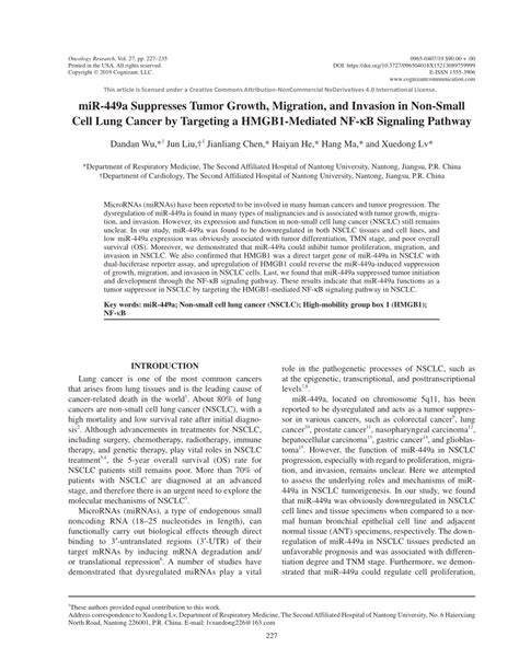 Pdf Mir A Suppresses Tumor Growth Migration And Invasion In Non