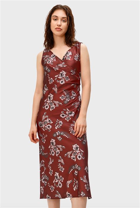 Shop Pleated Floral Print Matte Satin Sheath Dress Eshakti