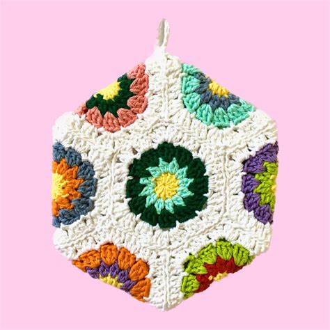 Crochet Granny Square Retro Flower Hot Pad Cotton Yarn Handmade DOUBLE THICK