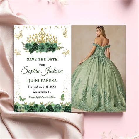 Emerald Green Floral Tiara Butterfly Quinceanera Save The Date Zazzle