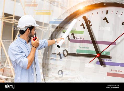 Construction Worker With Schedule Project Timeline And Working Time