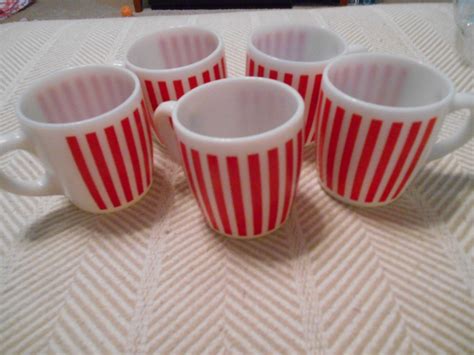 Lot Of Red White Striped Milk Glass Coffee Mugs Cups Antique