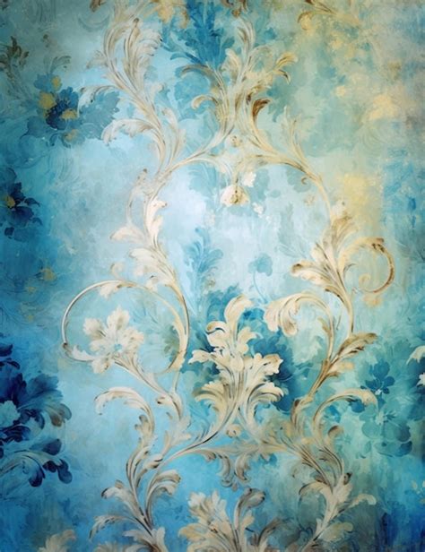 Pintura De Un Papel Tapiz Floral Azul Y Dorado Con Una Flor Blanca