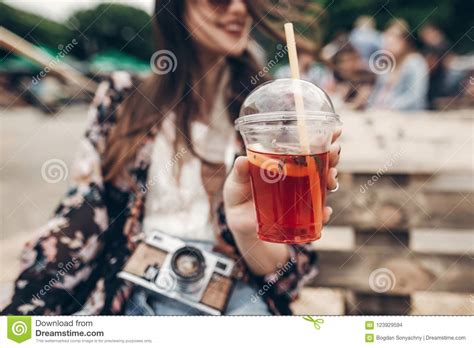 Lemonade In Hand Happy Stylish Hipster Woman Holding Lemonade Stock