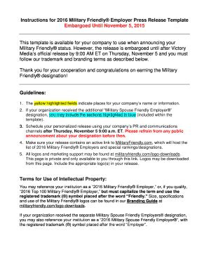 Fillable Online Instructions for 2016 Military Friendly Employer Press Release Template Fax ...