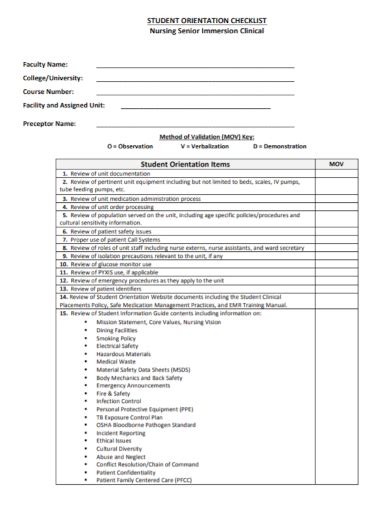 Free Nursing Orientation Checklist Samples Hospital Student