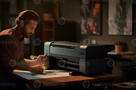 Professional photographer using an ink photo printer in a well-lit ...