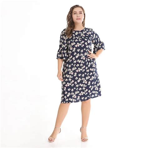 2018 New Cotton Plus Size Women Dress Female O Neck Half Flare Sleeve