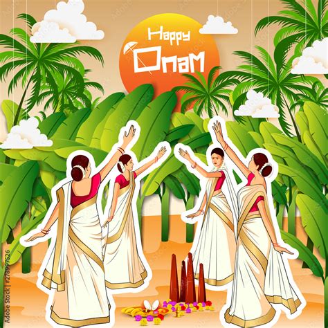 Vector Illustration Of Woman Performing Thirvathirakali Dance For Happy