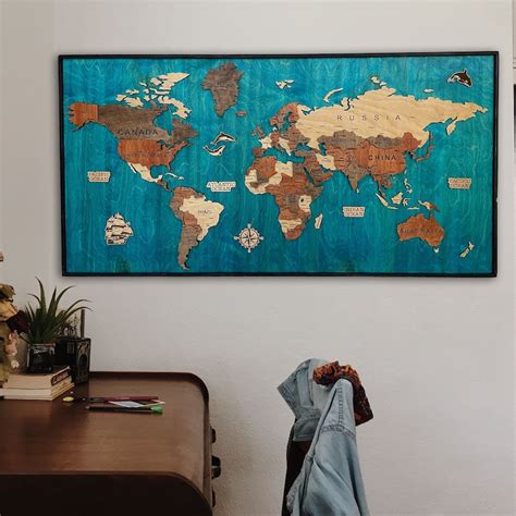 World Map Wall Art 3D Framed, Handcrafted Wall Décor for Home and Office Decouration for Travel ...