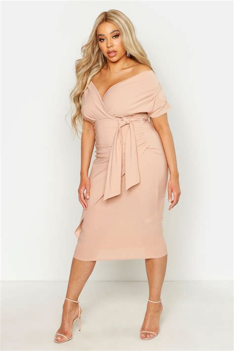 Plus Off The Shoulder Wrap Front Belted Midi Dress Boohoo Plus Size