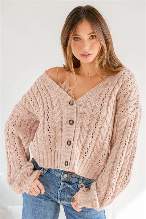 Cute Cropped Cardigan Beige Cardigan Cable Knit Cardigan Lulus