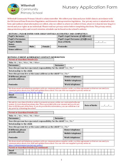 Fillable Online Nursery Application Form Willenhall Community Primary School Fax Email Print