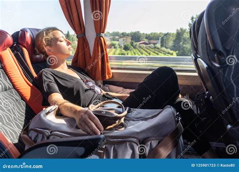 Portrait Of Tired Woman Sleeping On Bus Stock Image Image Of Sleeping Beauty 125901723