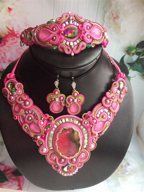 Set Of Soutache Jewelry Pink And Green Embroidered Necklace Bracelet And Earrings Etsy