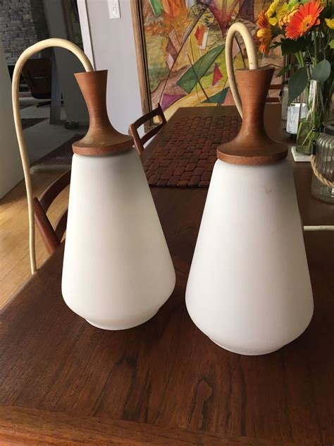 2 Mid Century Mod Danish Teak And Frosted Glass Hanging Lamps Eames Knoll Wegner Mid Century Mod