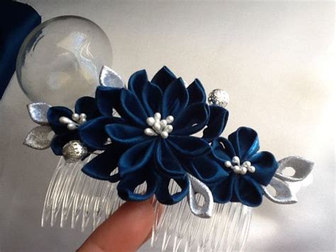 Hair Comb Dark Teal Blue Silver Kanzashi Flowers Wedding Flowers