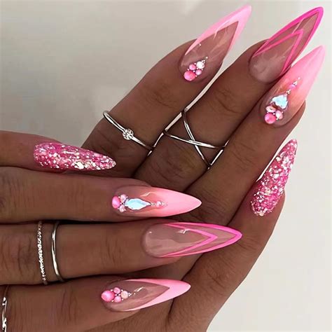 Amazon 24 Pcs Hot Pink Press On Nails Almond Medium BHLFRH Cute Fake Nails Press Ons