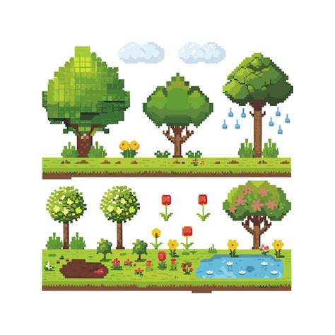 Pixel Art Nature Scene Árvores Flores Grama e Água Acessos do jogo