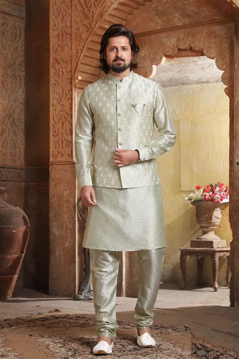 Buy Pista Green Art Banarasi Silk Jacket Kurta For Men Nmk Online