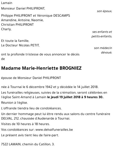 Avis De D C S De Marie Henriette Brogniez D C D Le