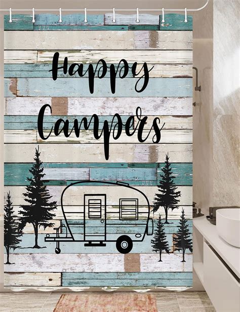 Happy Camper Shower Curtain Rustic Wood Neutral Color For Travel