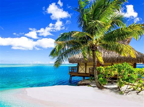 Tropical Paradise Isle Hut Shore Sun Bungalow Clouds Sea Beach