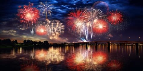 Fuegos artificiales azules blancos y rojos sobre el río por la noche