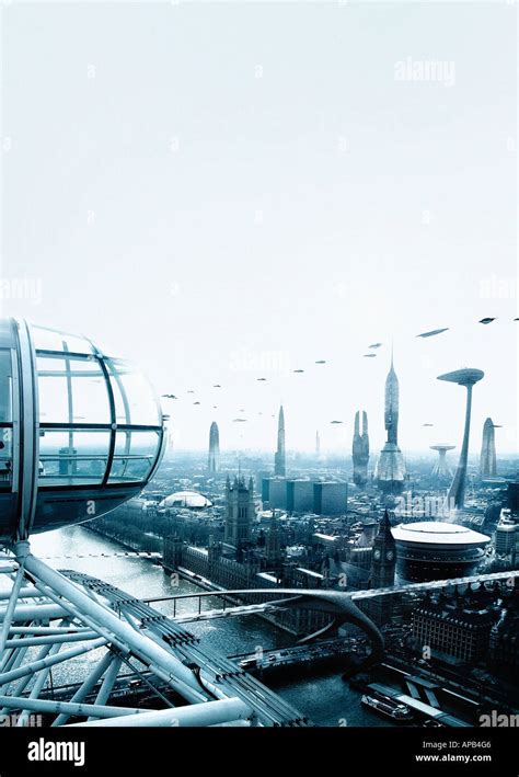 A futuristic vision of the London skyline with flying vehicles Stock ...