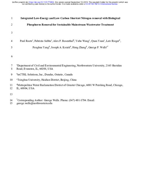 Pdf Integrated Shortcut Nitrogen And Biological Phosphorus Removal