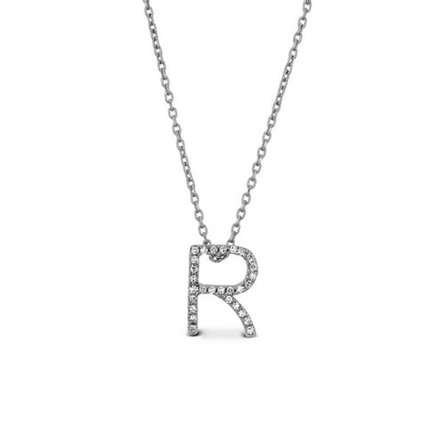 Social Value 14k Solid White Gold Diamond R Initial Letter Pendant