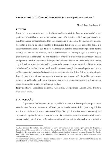 Pdf Capacidade Decis Ria Dos Pacientes Aspectos Jur Dicos E