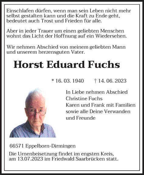 Traueranzeigen Von Horst Eduard Fuchs Saarbruecker Zeitung Trauer De