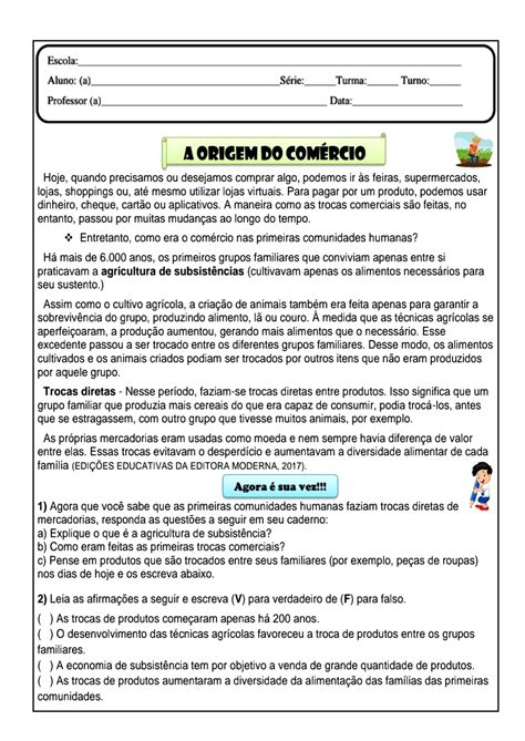Atividades Sobre O Surgimento Do Comércio 4 Ano