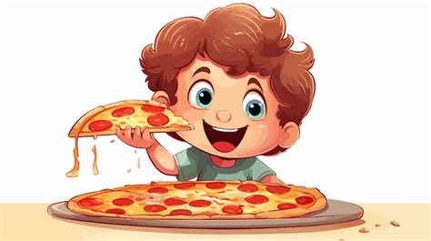 Un Niño Feliz De Dibujos Animados Comiendo Pizza Un Niño Alegre