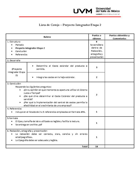 LC PIE 2 Lista De Cotejo Proyecto Integrador Etapa 2 Rubros Puntos