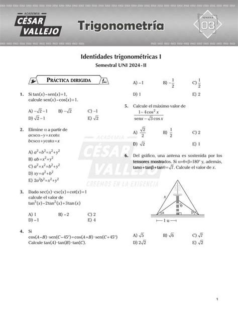 Identidades Trigonométricas I Practicas Dirigidas Repaso Uni Lkevin Vargas Udocz