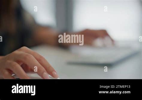 Woman Hands Working Computer Mouse Close Up Copywriter Fingers Typing Text On Wireless Keyboard