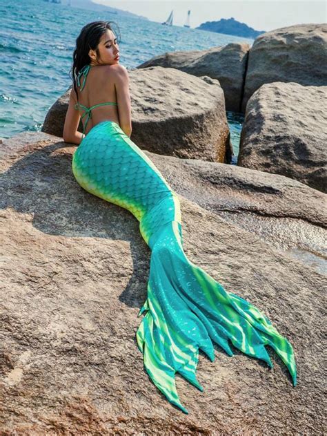 Fish Scales Print Bikini Swimsuit With Mermaid Tail Beach Skirt Shein Uk