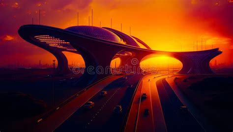 Futuristic City With Sunset In The Background Generative Ai Stock