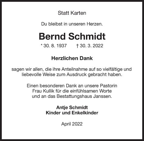 Traueranzeigen Von Bernd Schmidt Nordwest Trauer De