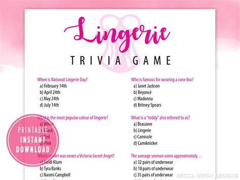 Lingerie Trivia Game Bachelorette Party Game Lingerie Shower Game Lingerie Party Hen Night