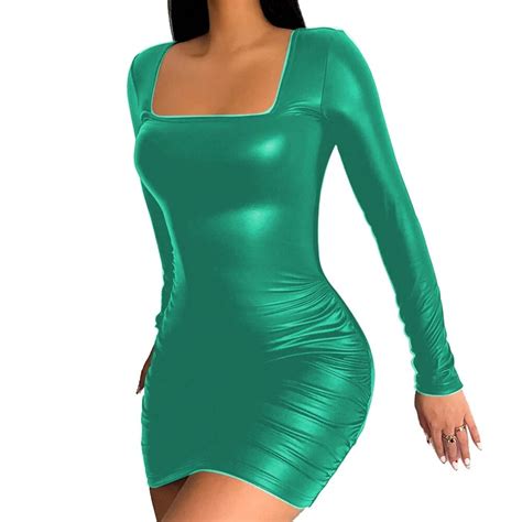 Womens Matte Pu Leather Mini Dress Sexy Long Sleeve Square Neck Bodycon Slim Dress