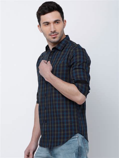 Buy Locomotive Navy Blue And Green Slim Fit Checked Casual Shirt For Men