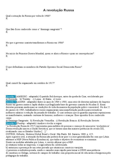 Exercicios Revolução Russa - Exercícios sobre a Revolução Russa | PDF | Revolução Russa | União ...