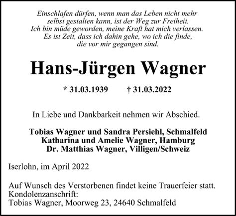 Traueranzeigen Von Hans J Rgen Wagner Trauer In Nrw De