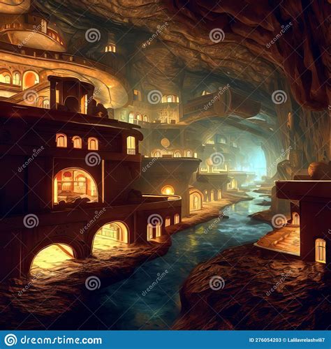 Underground City With River And Rooms Fantasy Of Lost Cave Town