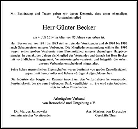 Alle Traueranzeigen F R G Nter Becker Trauer Rp Online De