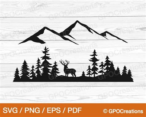 Deer In The Woods With Mountains And Pine Trees Svg Png Eps Dxf