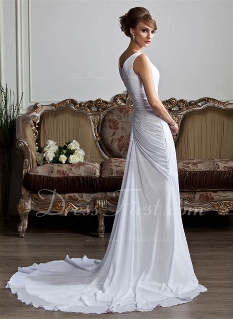 A Line Princess V Neck Chapel Train Chiffon Wedding Dress With Ruffle